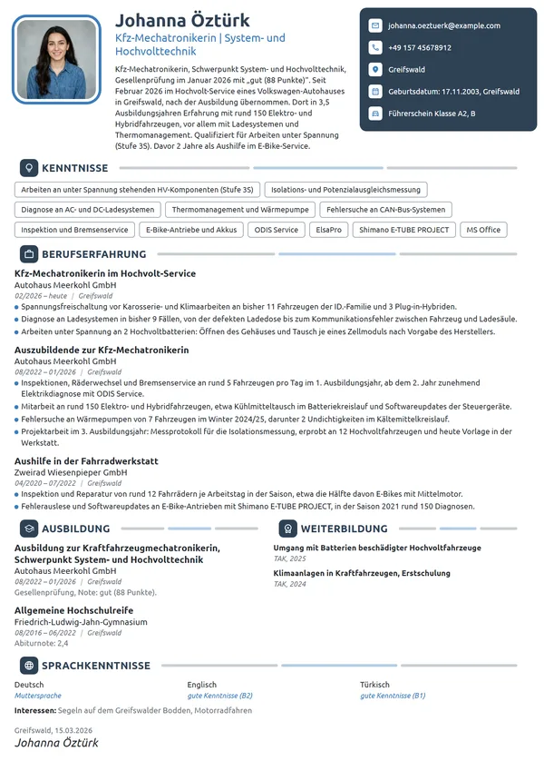 Lebenslauf-Beispiel: Kfz-Mechatronikerin als Berufseinsteigerin
