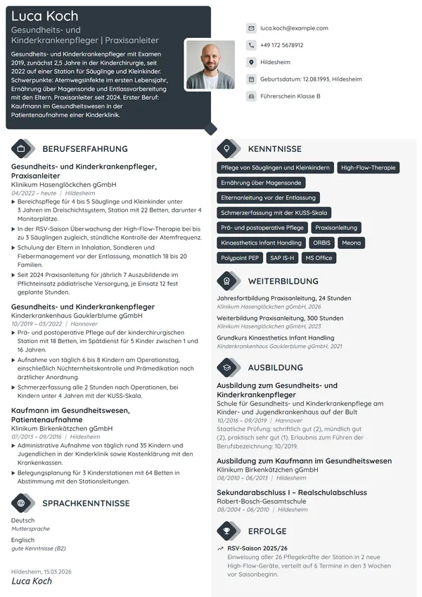 Lebenslauf-Beispiel: Kinderkrankenpfleger, Säuglingsstation