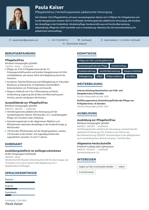 Lebenslauf-Beispiel: Pflegefachfrau, Einstieg Neonatologie