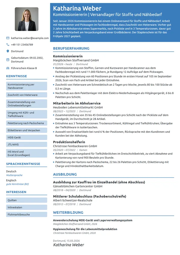 Lebenslauf-Beispiel: Kommissioniererin im Berufseinstieg