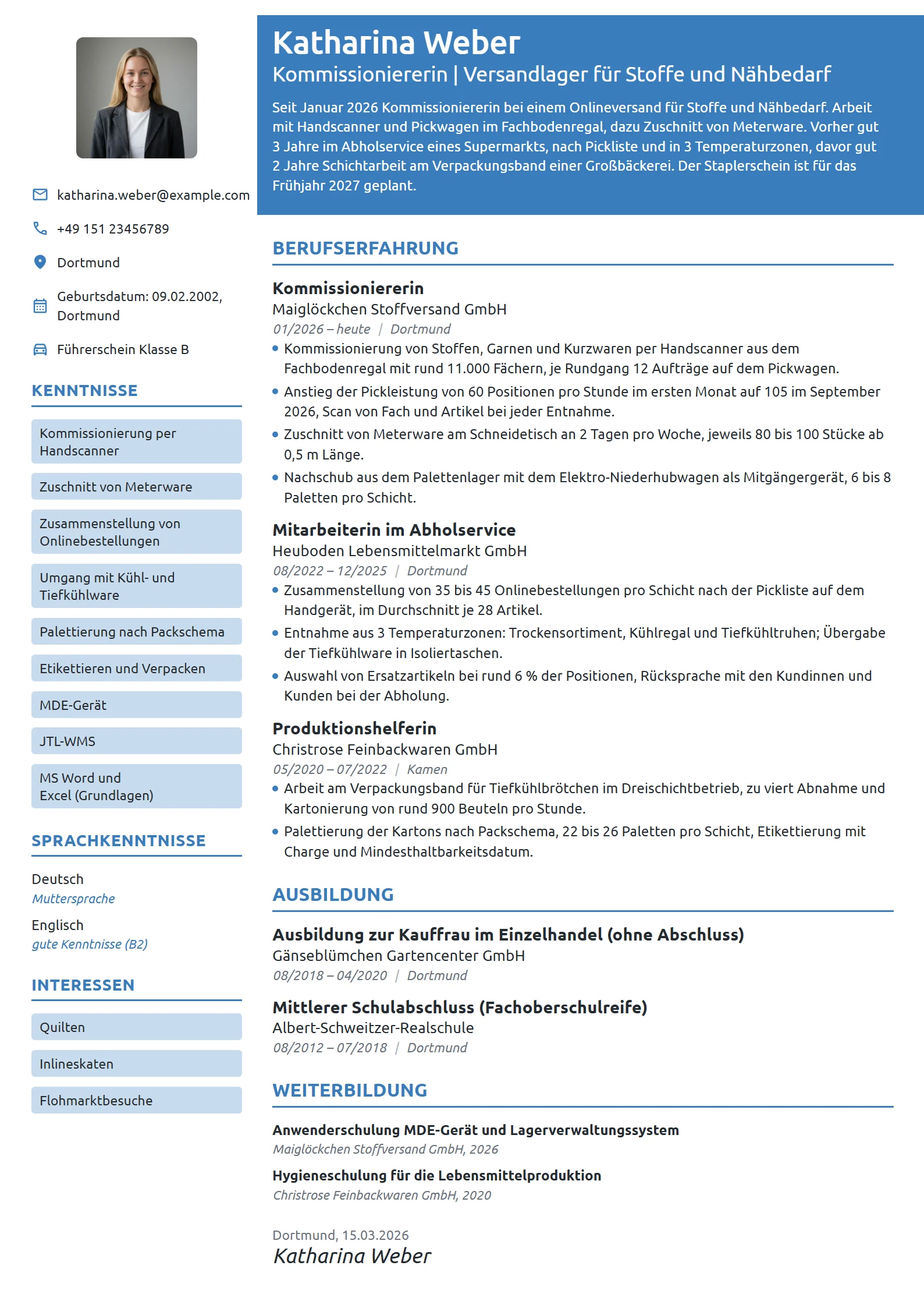 Lebenslauf-Beispiel: Kommissioniererin im Berufseinstieg