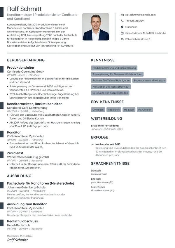Lebenslauf-Beispiel: Konditormeister, Produktionsleiter