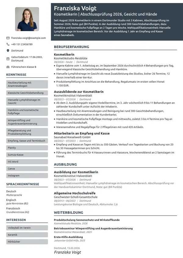Lebenslauf-Beispiel: Kosmetikerin als Berufseinsteigerin