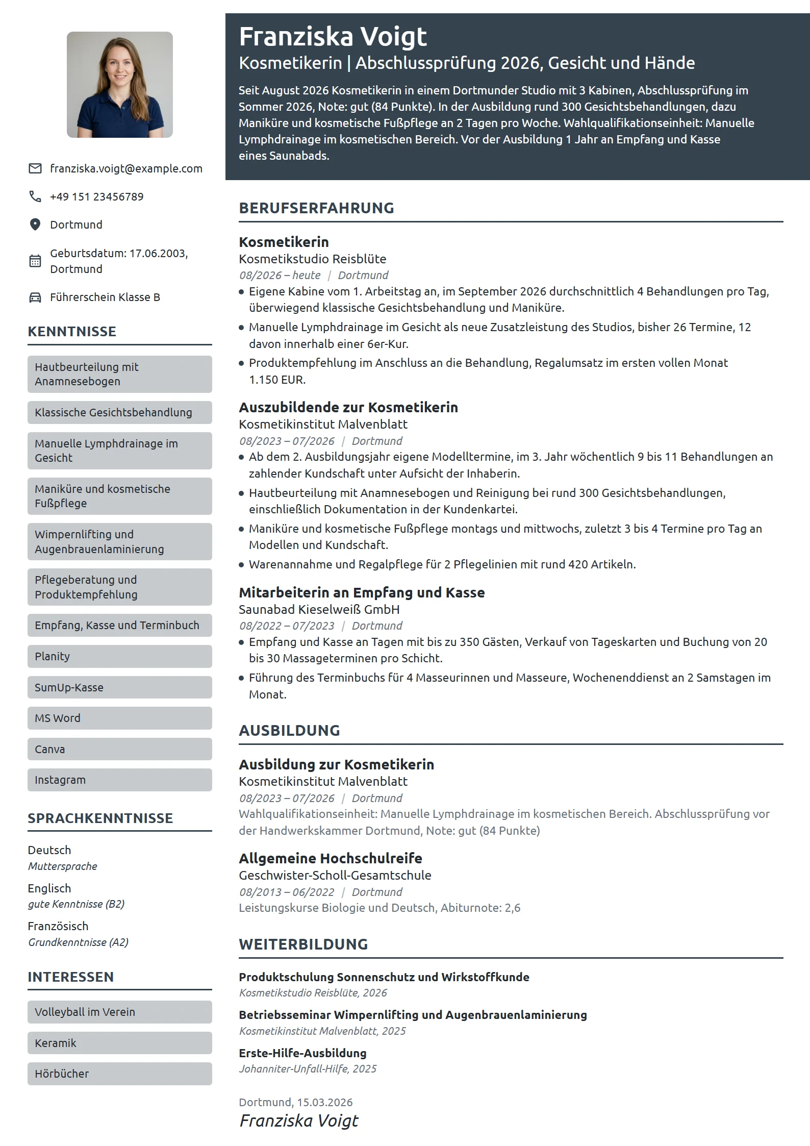 Lebenslauf-Beispiel: Kosmetikerin als Berufseinsteigerin