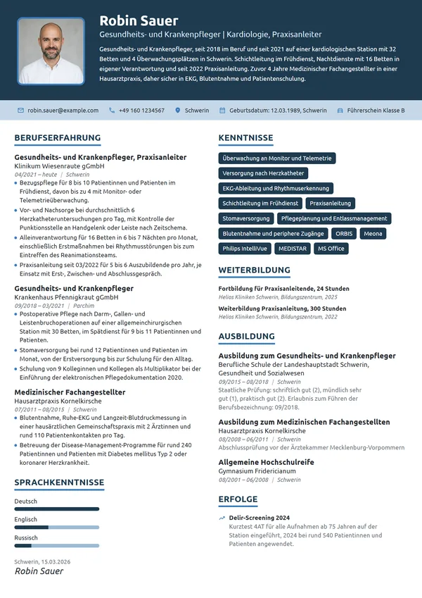 Lebenslauf-Beispiel: Krankenpfleger in der Kardiologie