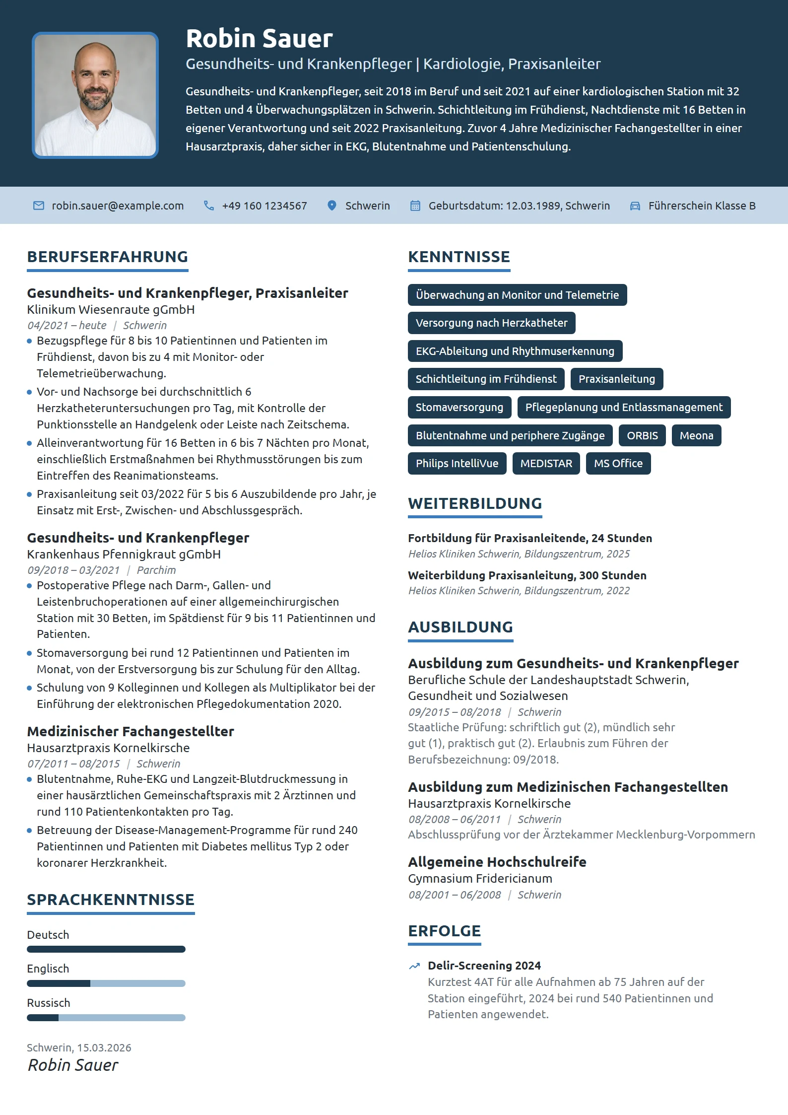 Lebenslauf-Beispiel: Krankenpfleger in der Kardiologie