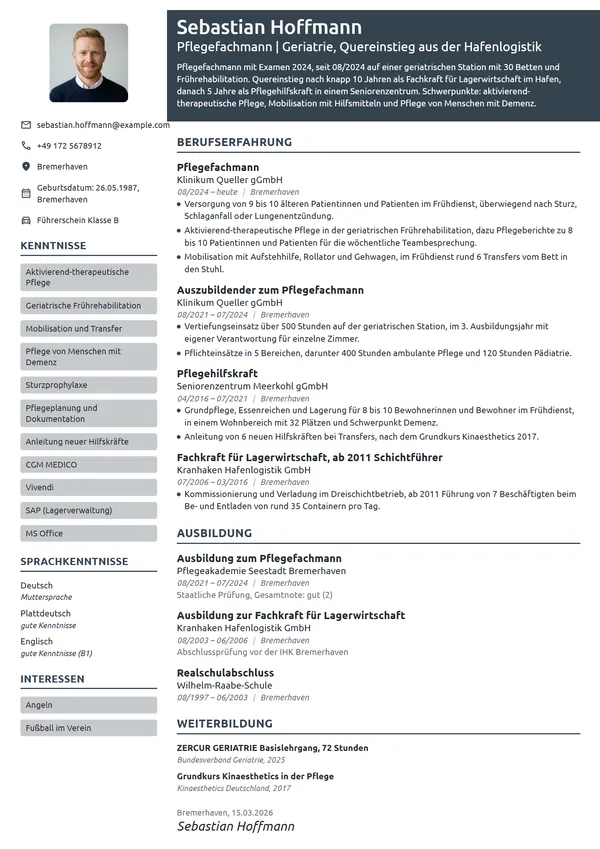 Lebenslauf-Beispiel: Pflegefachmann nach Quereinstieg