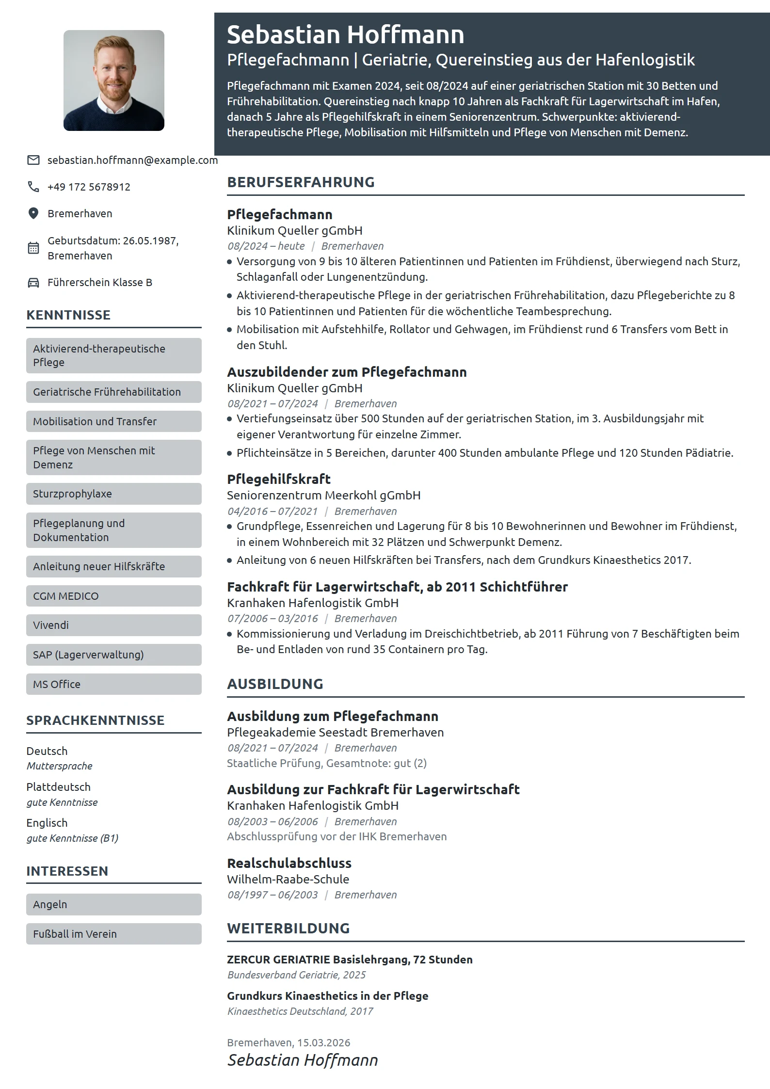 Lebenslauf-Beispiel: Pflegefachmann nach Quereinstieg