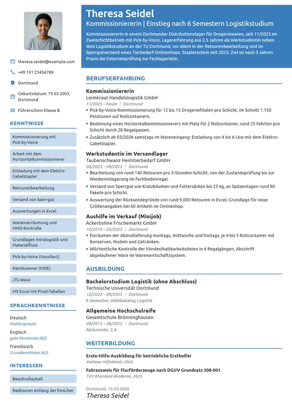 Lebenslauf-Beispiel: Kommissioniererin als Berufseinsteigerin