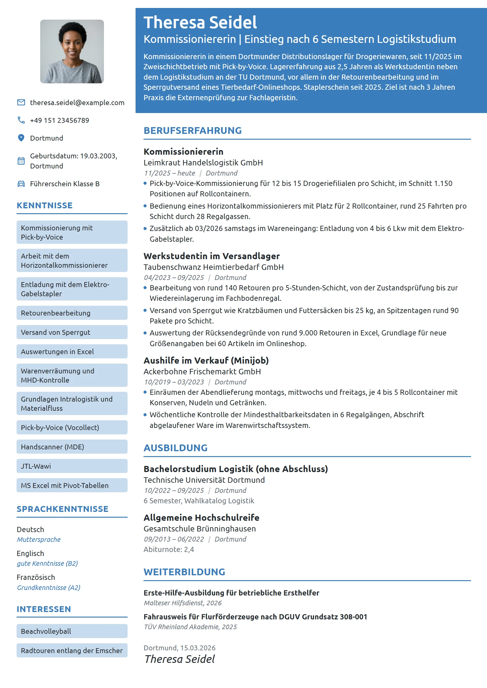 Lebenslauf-Beispiel: Kommissioniererin als Berufseinsteigerin