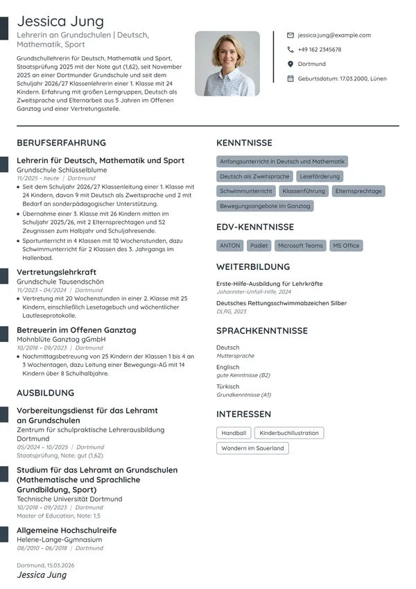 Lebenslauf-Beispiel: Grundschullehrerin im ersten Berufsjahr