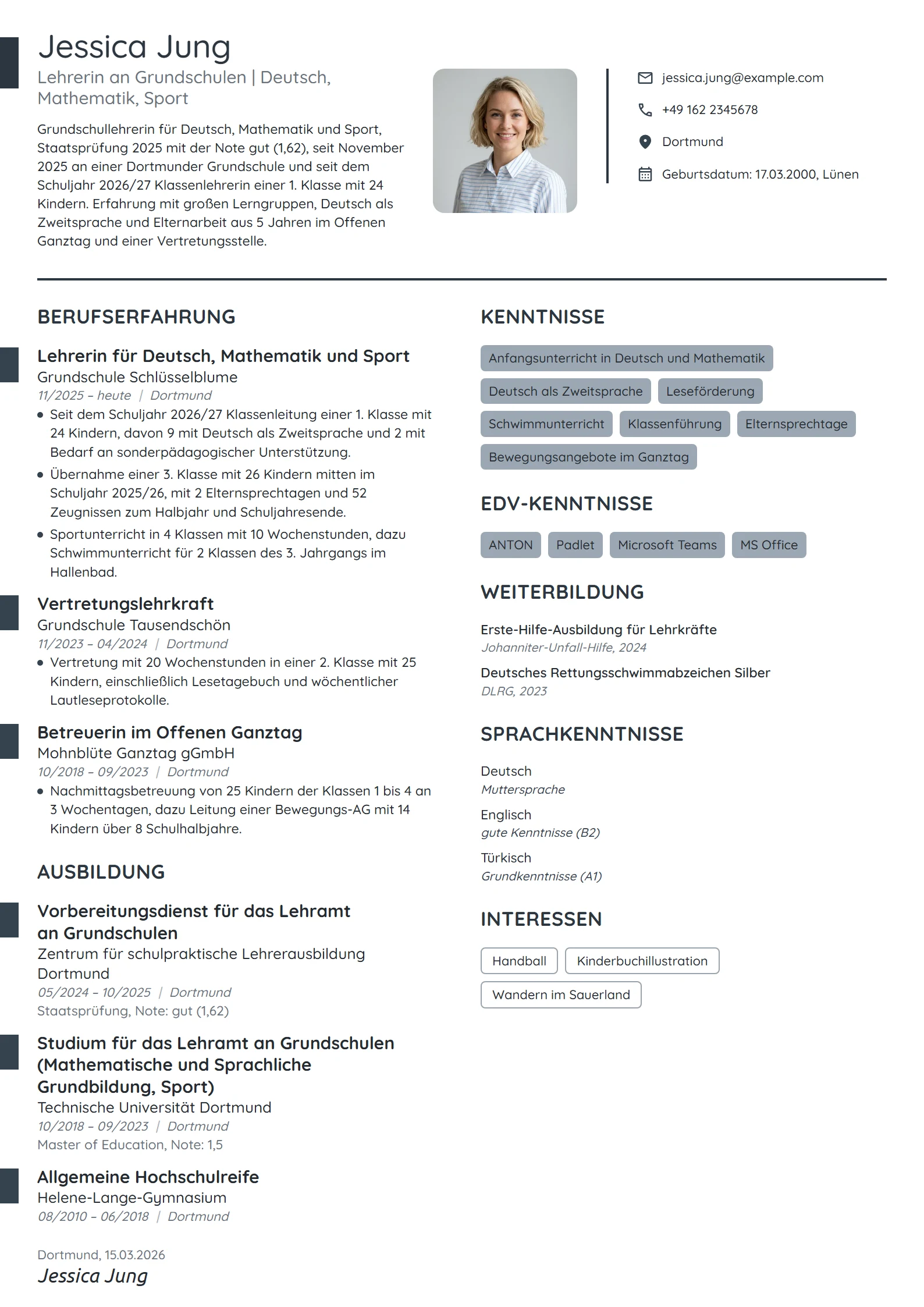 Lebenslauf-Beispiel: Grundschullehrerin im ersten Berufsjahr