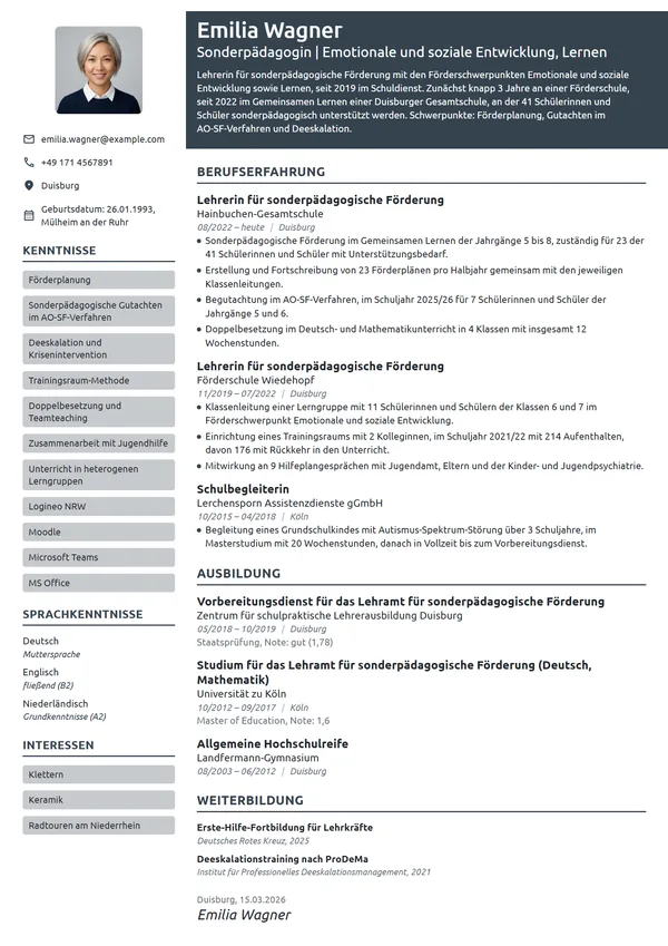 Lebenslauf-Beispiel: Lehrerin für sonderpädagogische Förderung