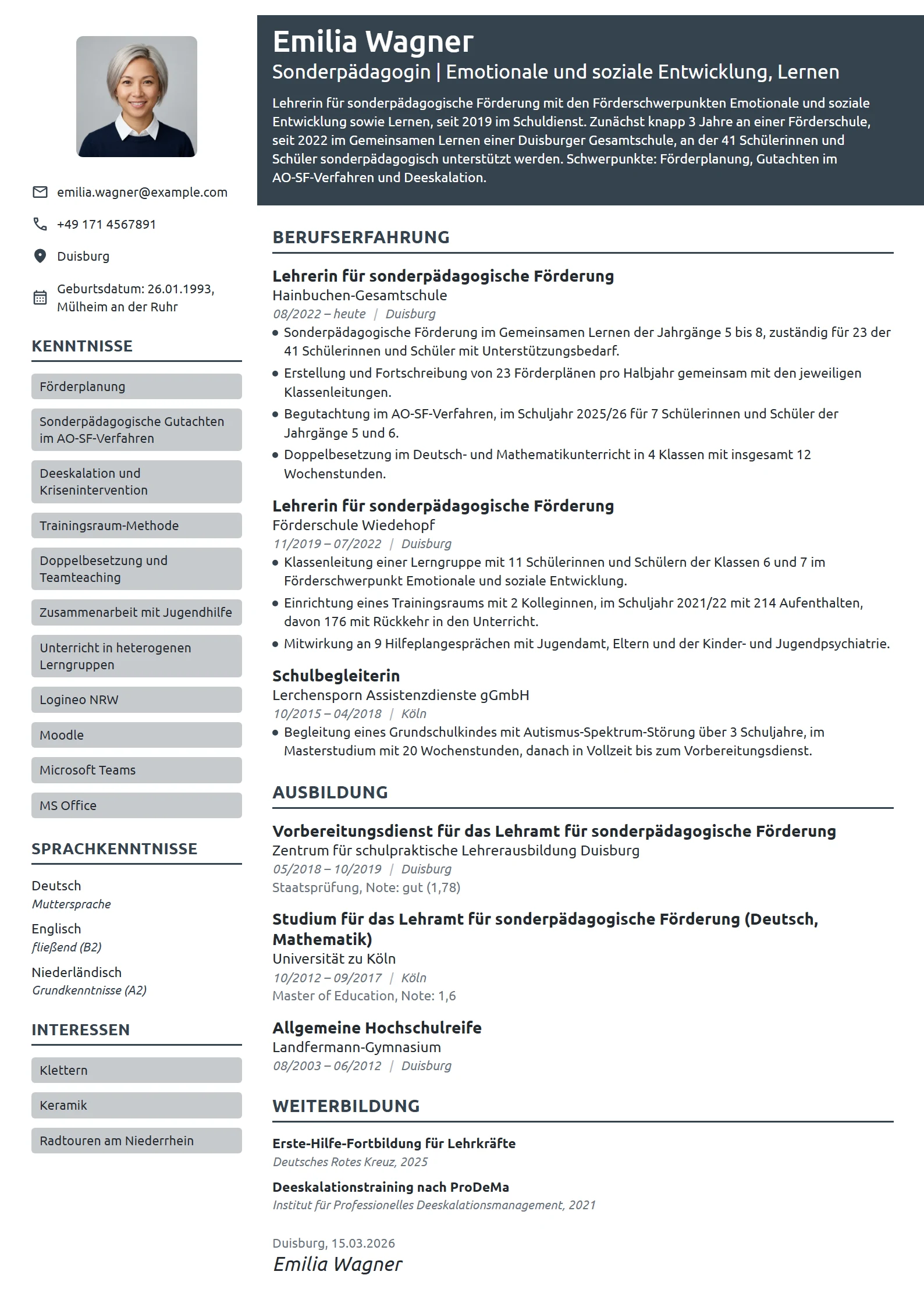 Lebenslauf-Beispiel: Lehrerin für sonderpädagogische Förderung