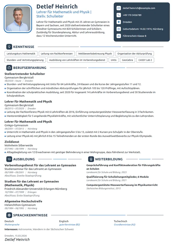 Lebenslauf-Beispiel: Stellvertretender Schulleiter am Gymnasium