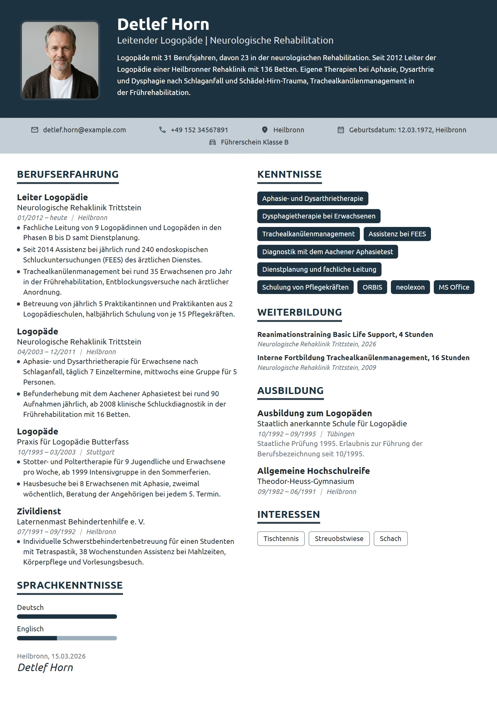 Lebenslauf-Beispiel: Leitender Logopäde, Neurologie