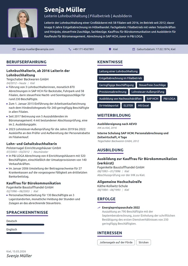 Lebenslauf-Beispiel: Leiterin der Lohnbuchhaltung