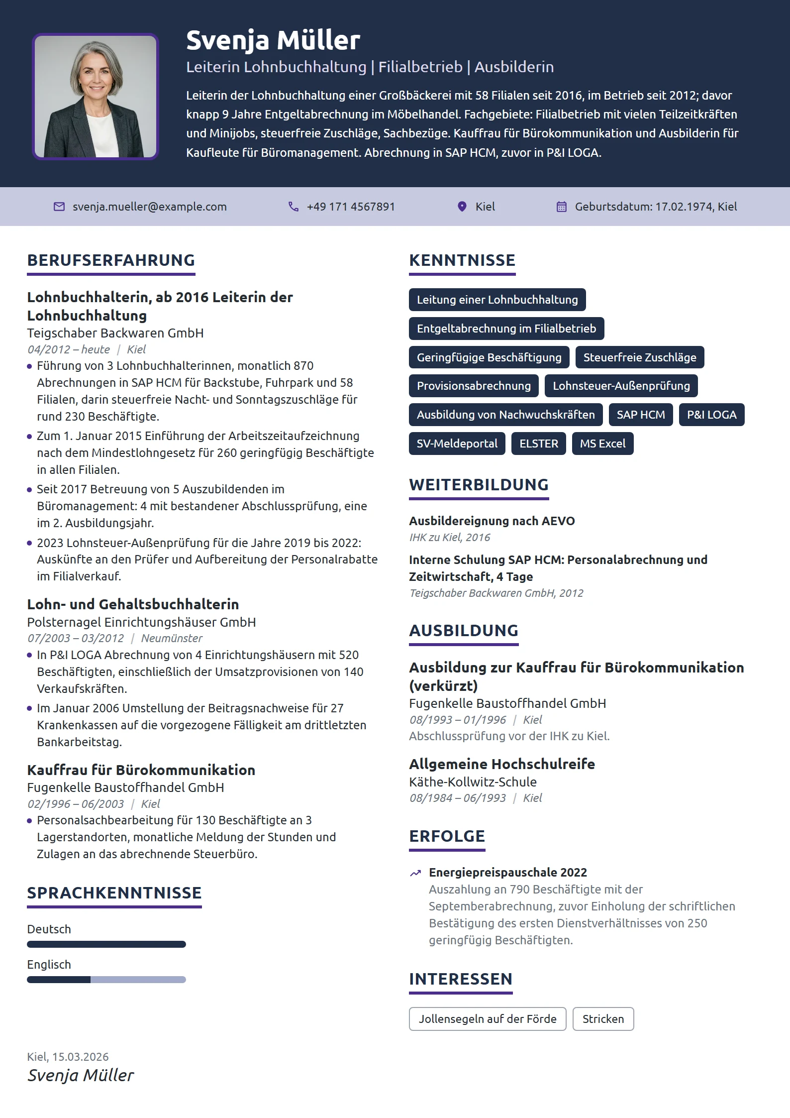 Lebenslauf-Beispiel: Leiterin der Lohnbuchhaltung