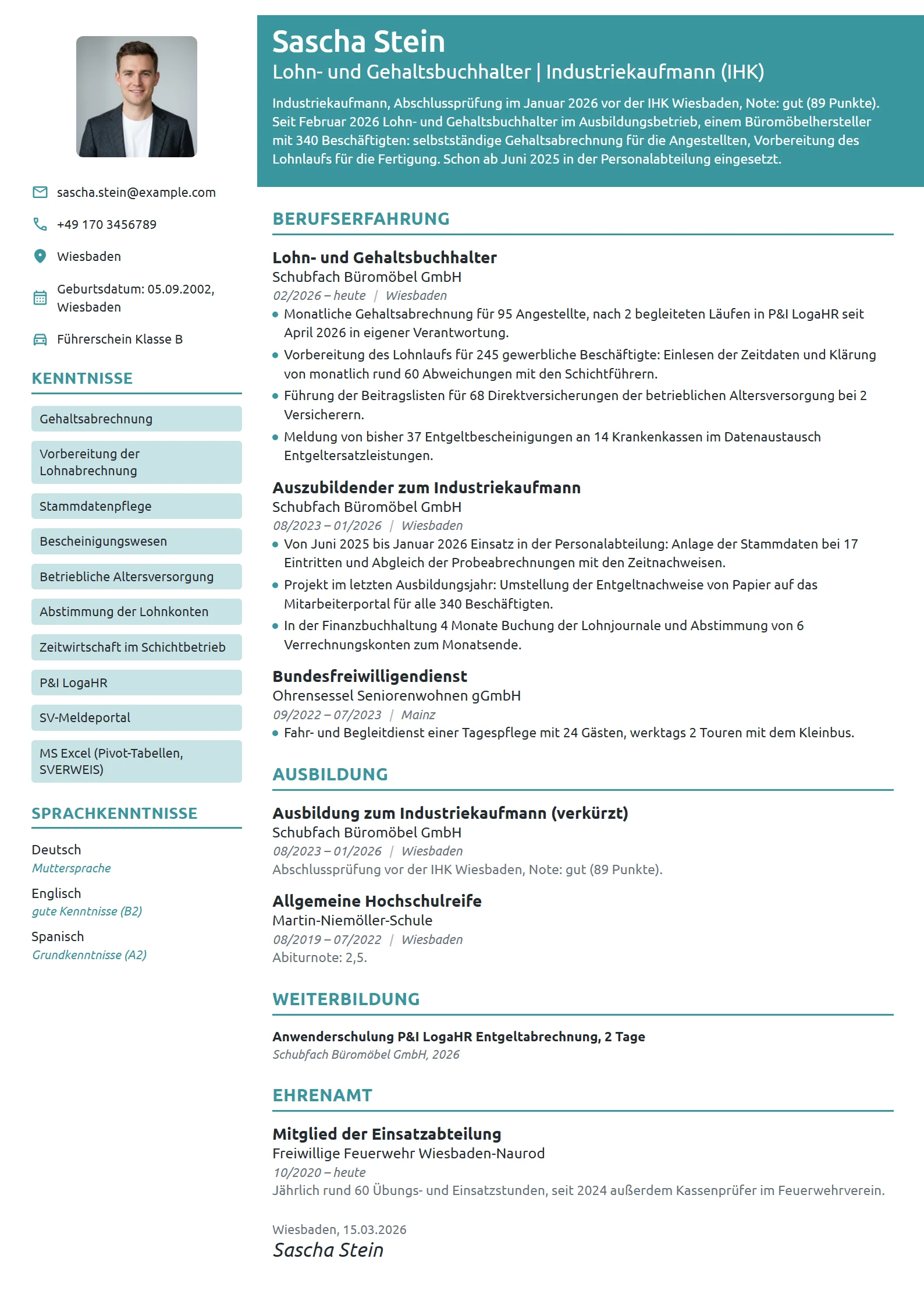 Lebenslauf-Beispiel: Lohnbuchhalter nach der Ausbildung