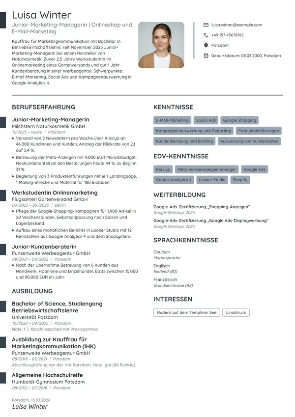 Lebenslauf-Beispiel: Junior-Marketing-Managerin im Onlinehandel