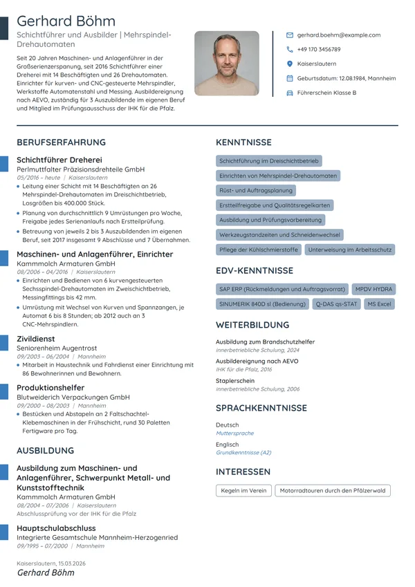 Lebenslauf-Beispiel: Maschinen- und Anlagenführer, Ausbilder