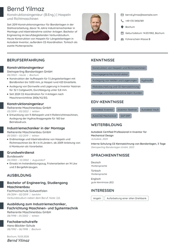 Lebenslauf-Beispiel: Konstruktionsingenieur für Bandanlagen