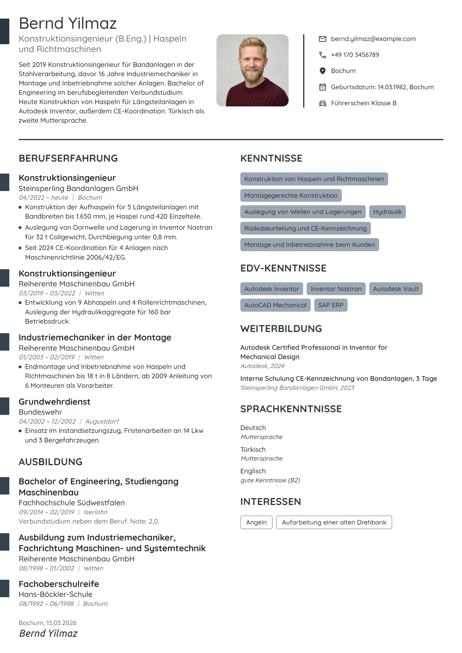 Lebenslauf-Beispiel: Konstruktionsingenieur für Bandanlagen