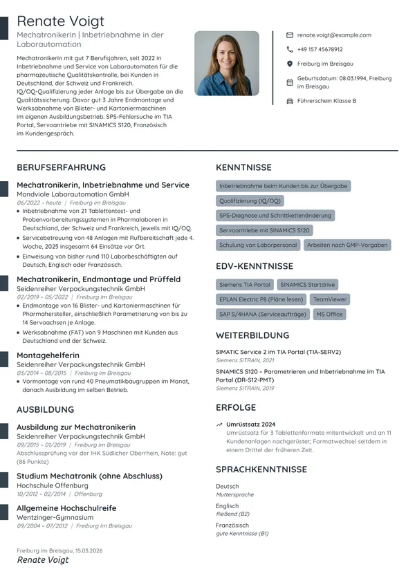 Lebenslauf-Beispiel: Mechatronikerin in der Laborautomation