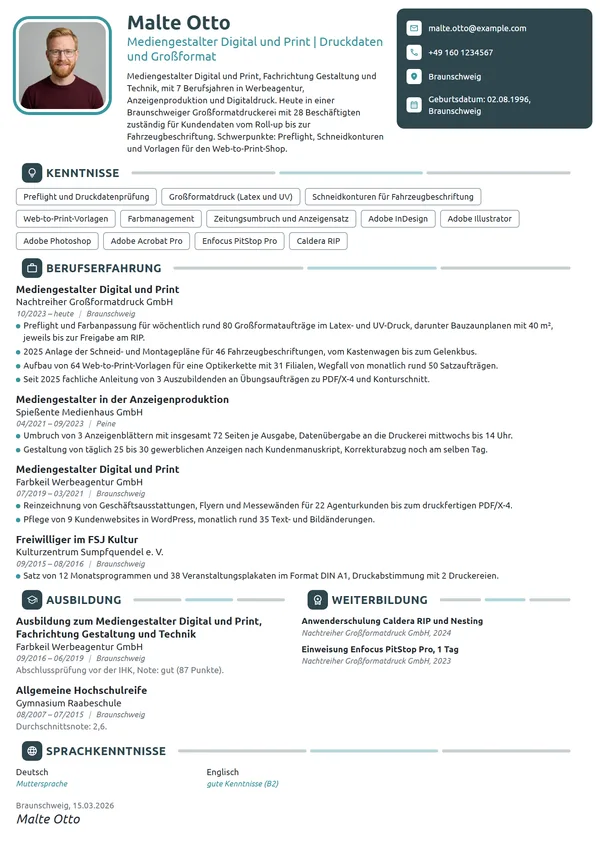 Lebenslauf-Beispiel: Mediengestalter im Großformatdruck