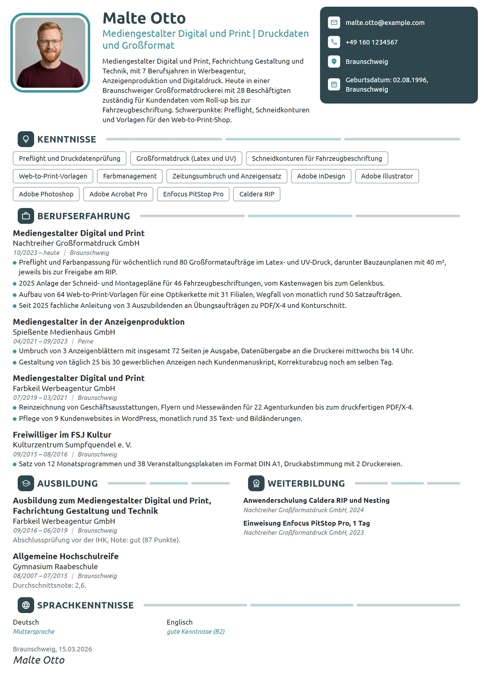 Lebenslauf-Beispiel: Mediengestalter im Großformatdruck