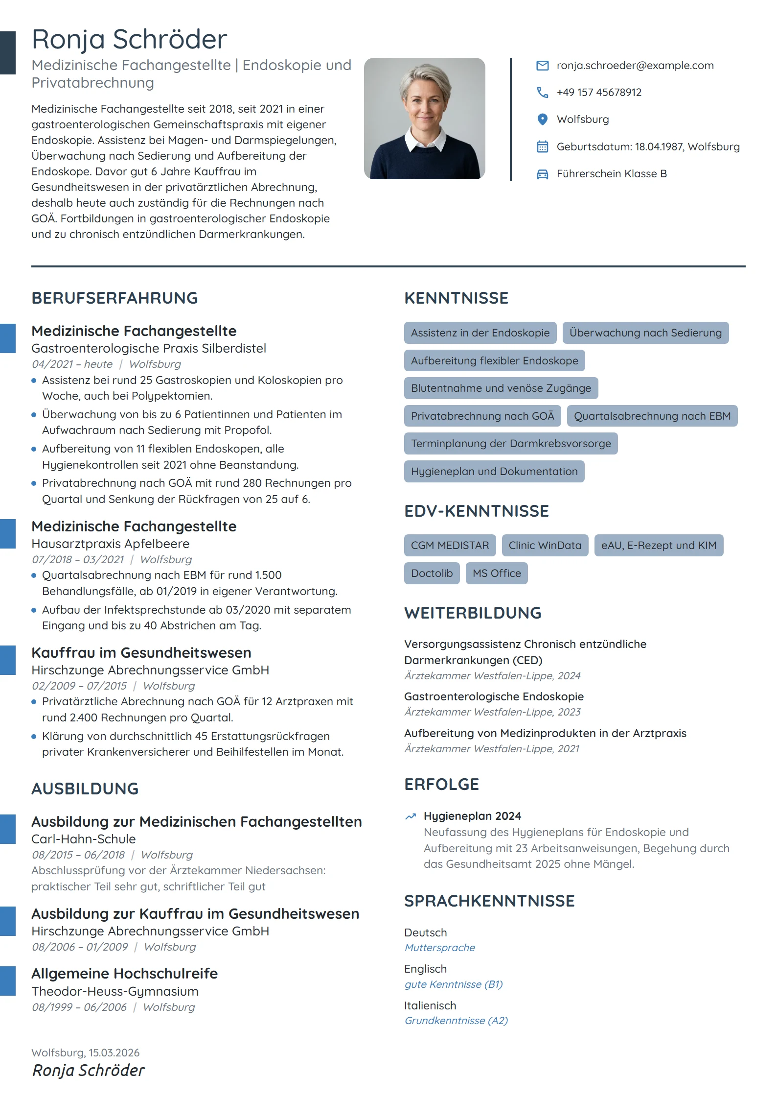 Lebenslauf-Beispiel: Medizinische Fachangestellte, Endoskopie