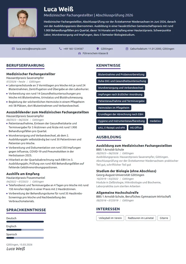 Lebenslauf-Beispiel: MFA als Berufseinsteiger