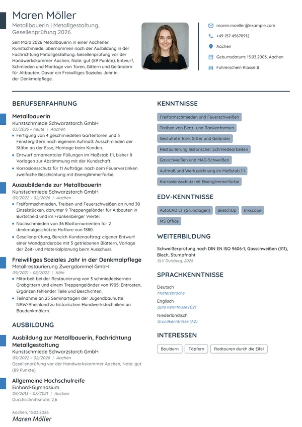 Lebenslauf-Beispiel: Metallbauerin in der Metallgestaltung