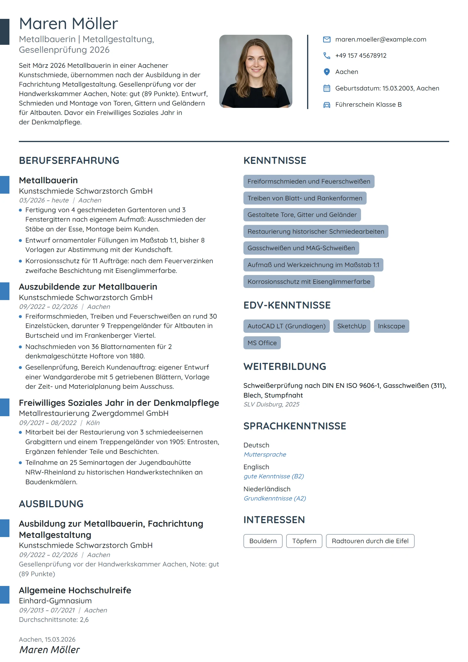 Lebenslauf-Beispiel: Metallbauerin in der Metallgestaltung