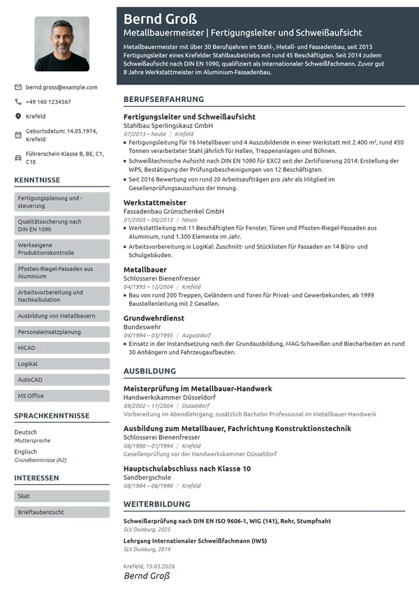 Lebenslauf-Beispiel: Metallbauermeister und Schweißfachmann