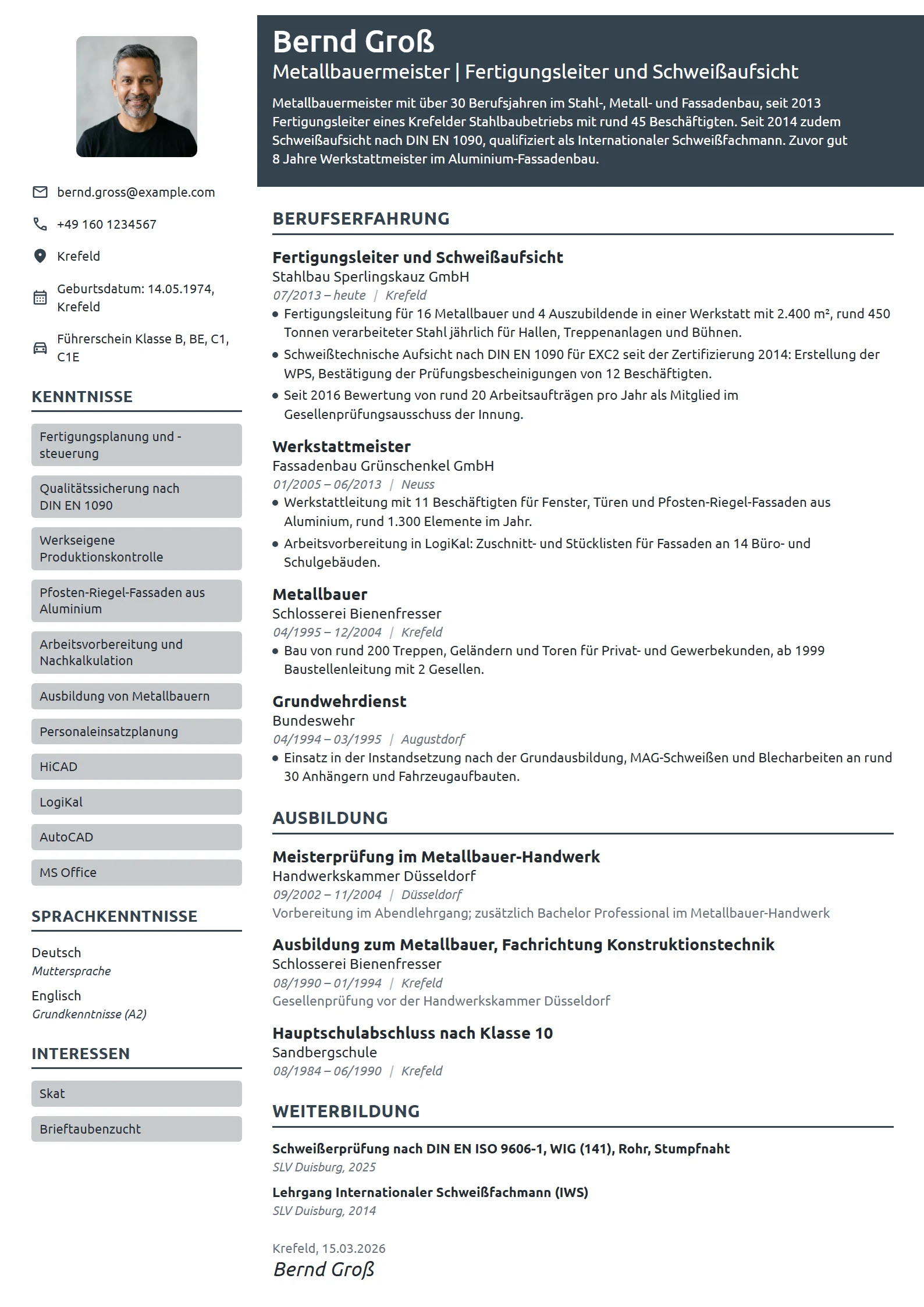 Lebenslauf-Beispiel: Metallbauermeister und Schweißfachmann