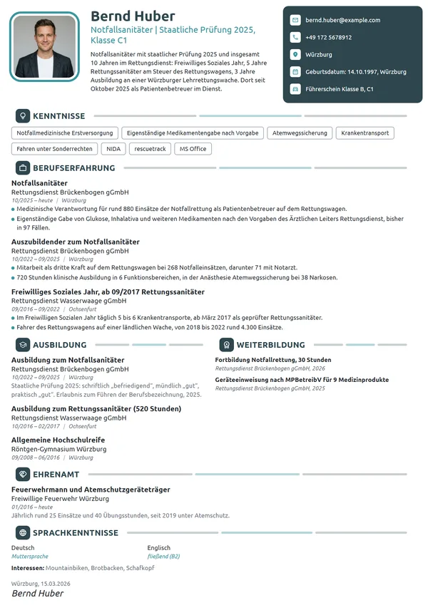 Lebenslauf-Beispiel: Notfallsanitäter im ersten Dienstjahr