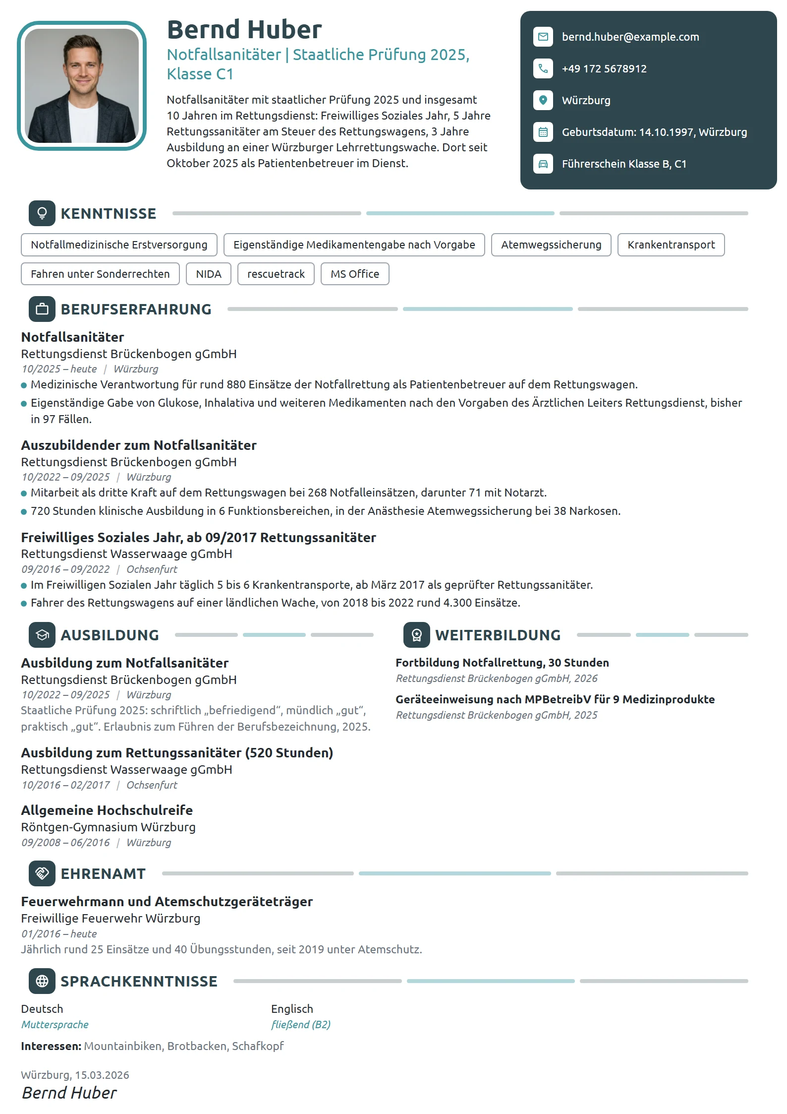Lebenslauf-Beispiel: Notfallsanitäter im ersten Dienstjahr