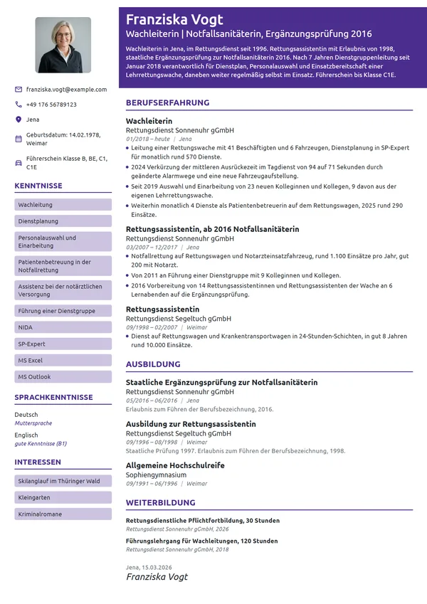 Lebenslauf-Beispiel: Notfallsanitäterin und Wachleiterin