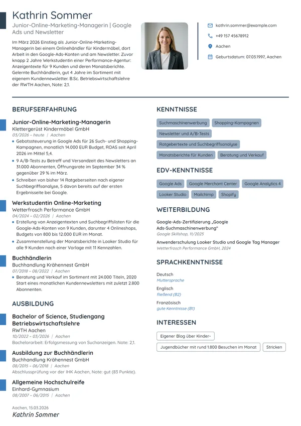 Lebenslauf-Beispiel: Junior-Online-Marketing-Managerin