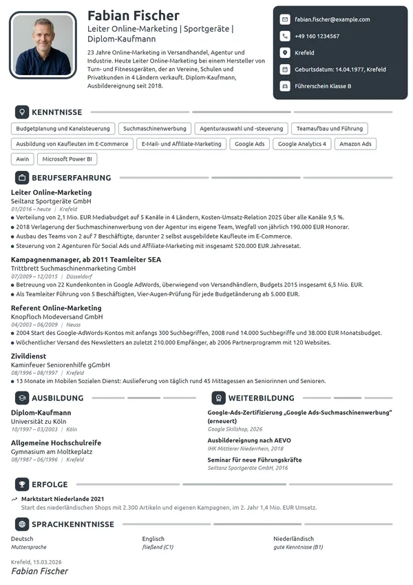 Lebenslauf-Beispiel: Leiter Online-Marketing