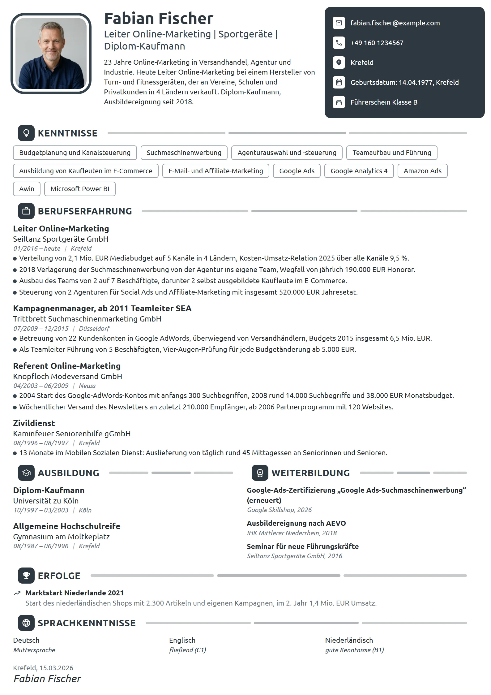 Lebenslauf-Beispiel: Leiter Online-Marketing
