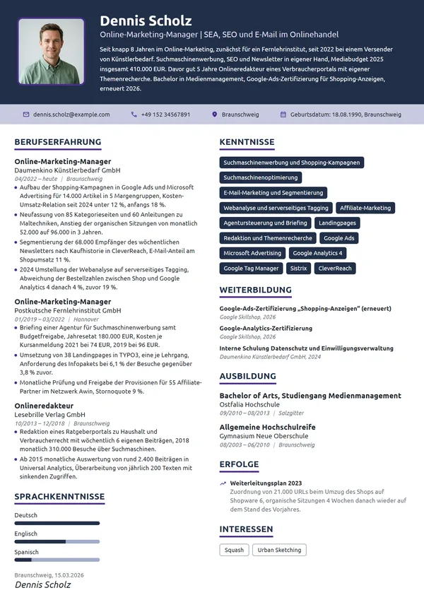 Lebenslauf-Beispiel: Online-Marketing-Manager, SEA und SEO