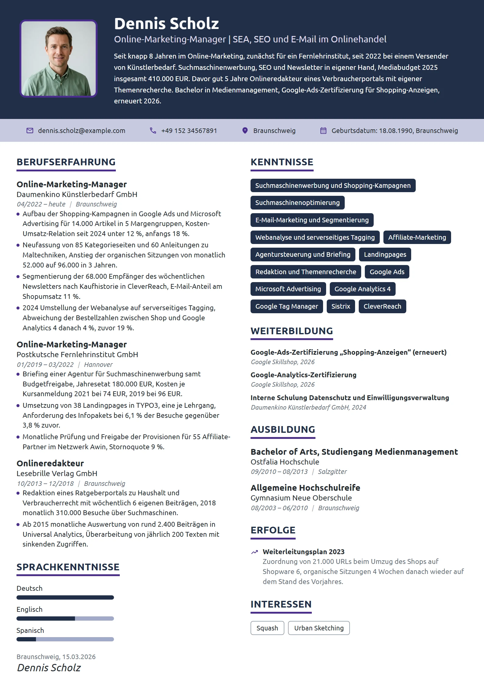 Lebenslauf-Beispiel: Online-Marketing-Manager, SEA und SEO