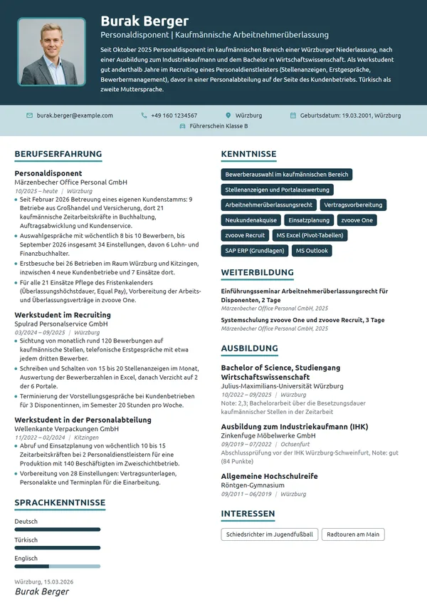 Lebenslauf-Beispiel: Personaldisponent im Berufseinstieg