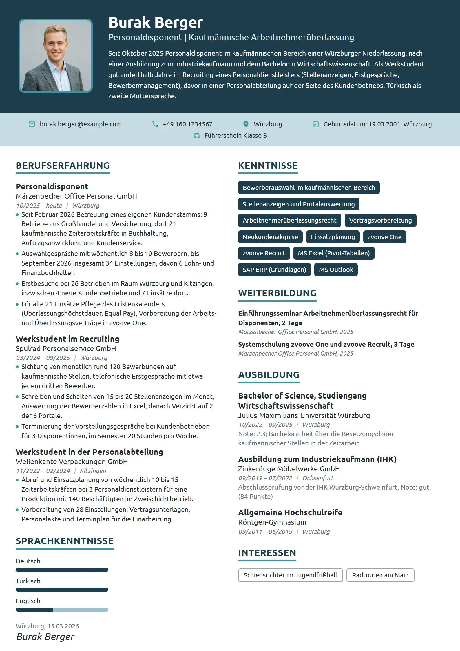 Lebenslauf-Beispiel: Personaldisponent im Berufseinstieg