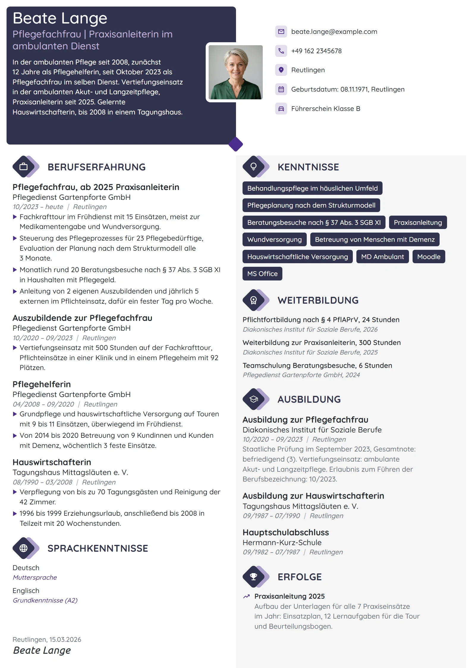 Lebenslauf-Beispiel: Pflegefachfrau, Praxisanleiterin ambulant