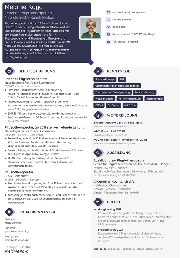 Lebenslauf-Beispiel: Leitende Physiotherapeutin, Neurologie