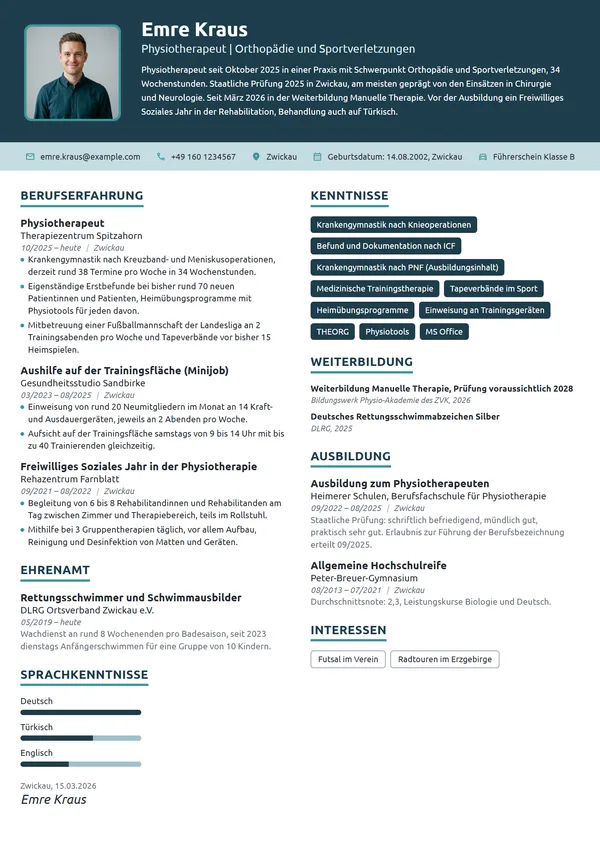 Lebenslauf-Beispiel: Physiotherapeut im ersten Berufsjahr