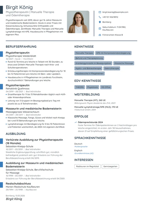Lebenslauf-Beispiel: Physiotherapeutin mit Lymphtherapie